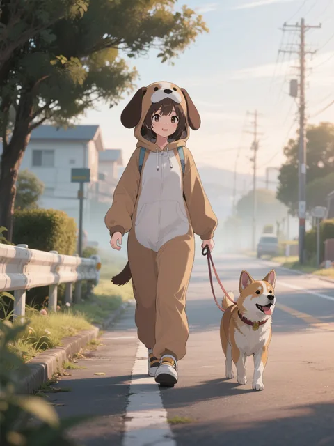 犬のコスプレして犬の散歩してる女の子朝早く - 犬と朝の散歩