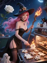 おばけとスケルトンのクッキーを焼く魔女 — SUPP24187848さんのAIイラスト