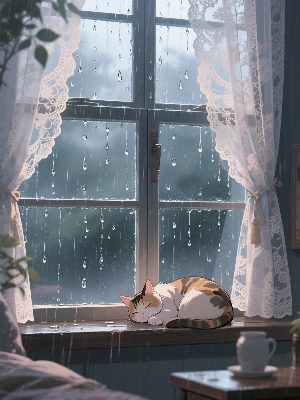 雨音を聞きながら眠る猫