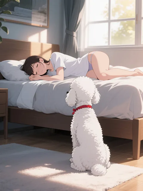 疲れて眠るご主人さんを静かに待つ優しいプードル。, 高精度アニメ