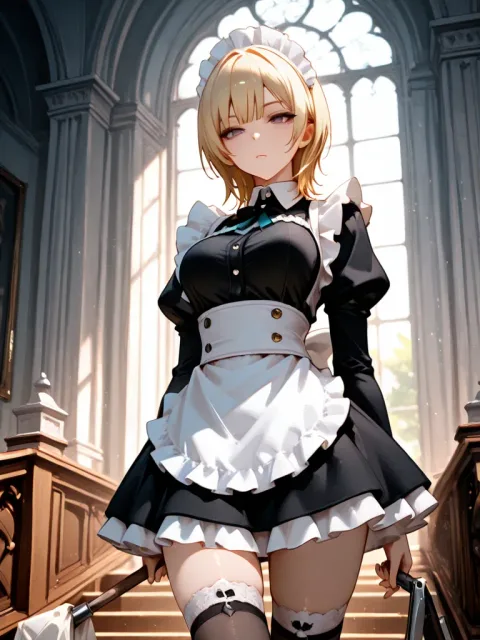ウルフカット、メイド服、三白眼、ミニスカート、お屋敷、掃除中