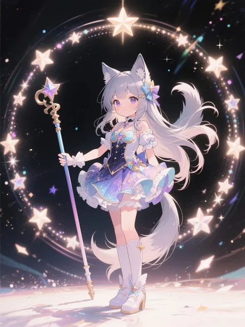 魔法少女の変身、狼耳尻尾少女、長いグラテーション髪、チビ少女
