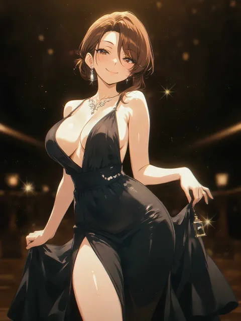 黒ドレスの美少女、艶やかな夜の淑女、茶髪のボブヘア