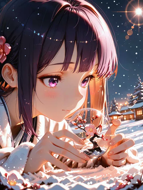 ひとりの娘、雪の上に、照れる月夜に、梅の花、折りて贈らむ