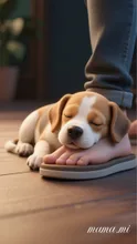 飼い主さんの足にピッタリくっっいて寝てるわんこ🐶