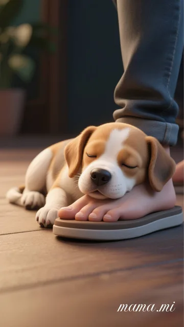 飼い主さんの足にピッタリくっっいて寝てるわんこ🐶