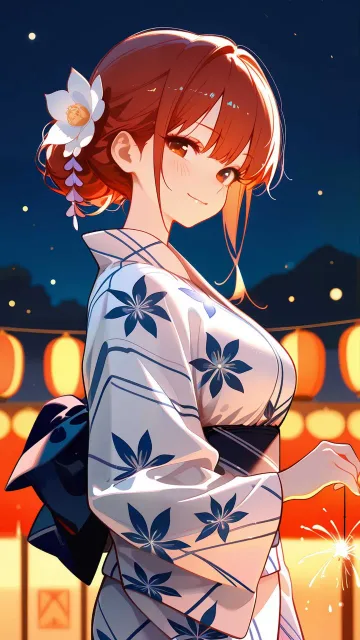 1人の少女、線香花火を持つ、嬉しそうな笑顔、夏祭りの夜