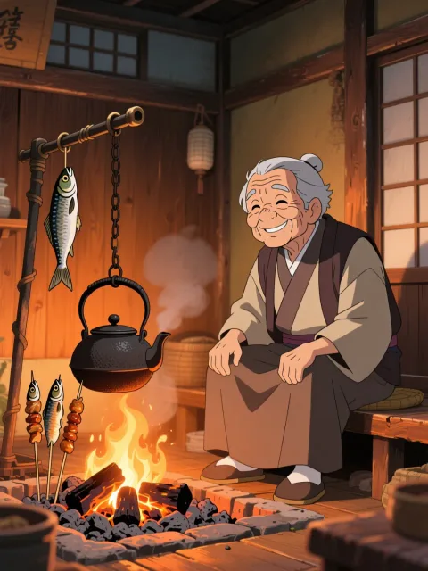 An old man sitting beside a… - 囲炉裏端の翁