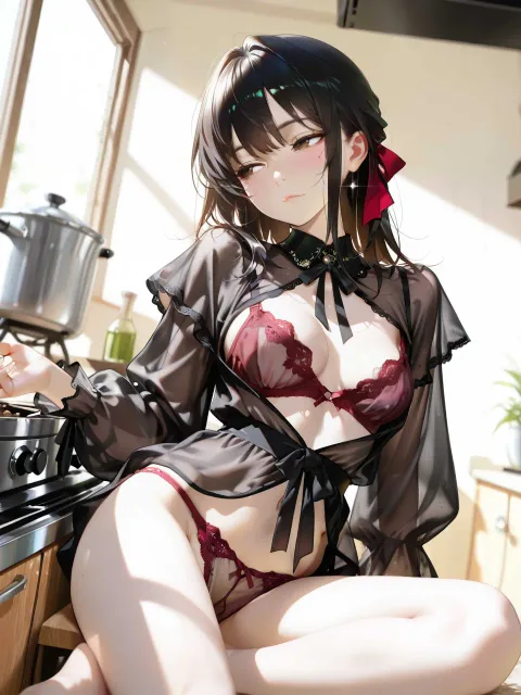 頬を染めた成人女性、伏せたまつげ、茶色の瞳、パステル黒髪