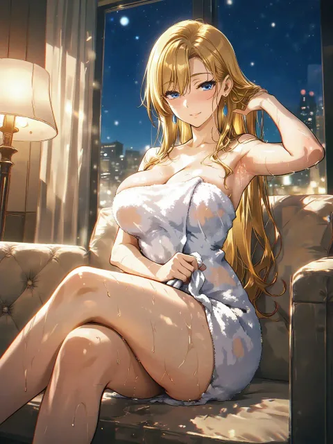 脇の下で結び目を作ったバスタオル姿の色っぽい成年女性 - タオル一枚