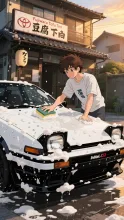 豆腐店の息子さんが洗車してるね!