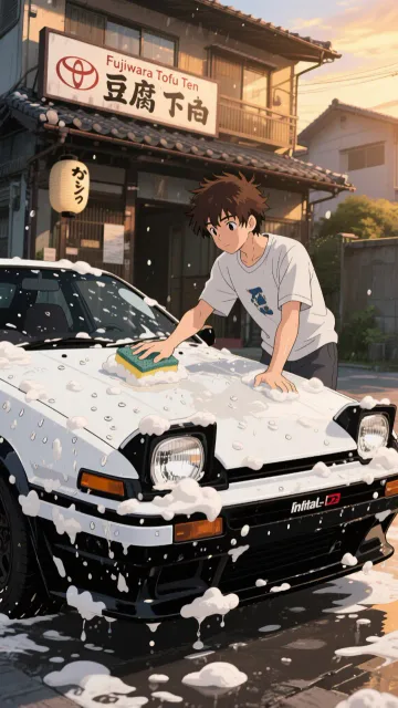 豆腐店の息子さんが洗車してるね!