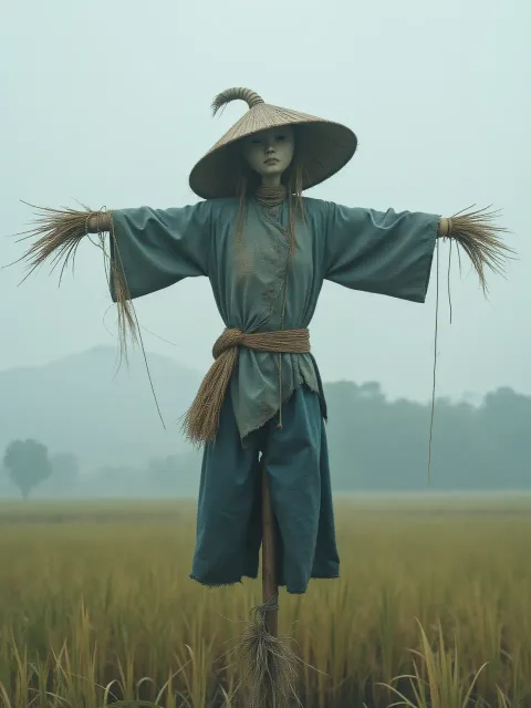 古い菅笠をかぶって竹の腕を広げた一体の案山子