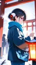New Year morning at a Shinto shrine approach with a light layer of snow, people in kimono and winter coats doing hatsumode, washing hands at the temizuya, torii gates and lanterns, steam from food stalls, soft sunrise, solemn atmosphere, cinematic, 35mm, shallow depth of field, ultra-detailed, 8K