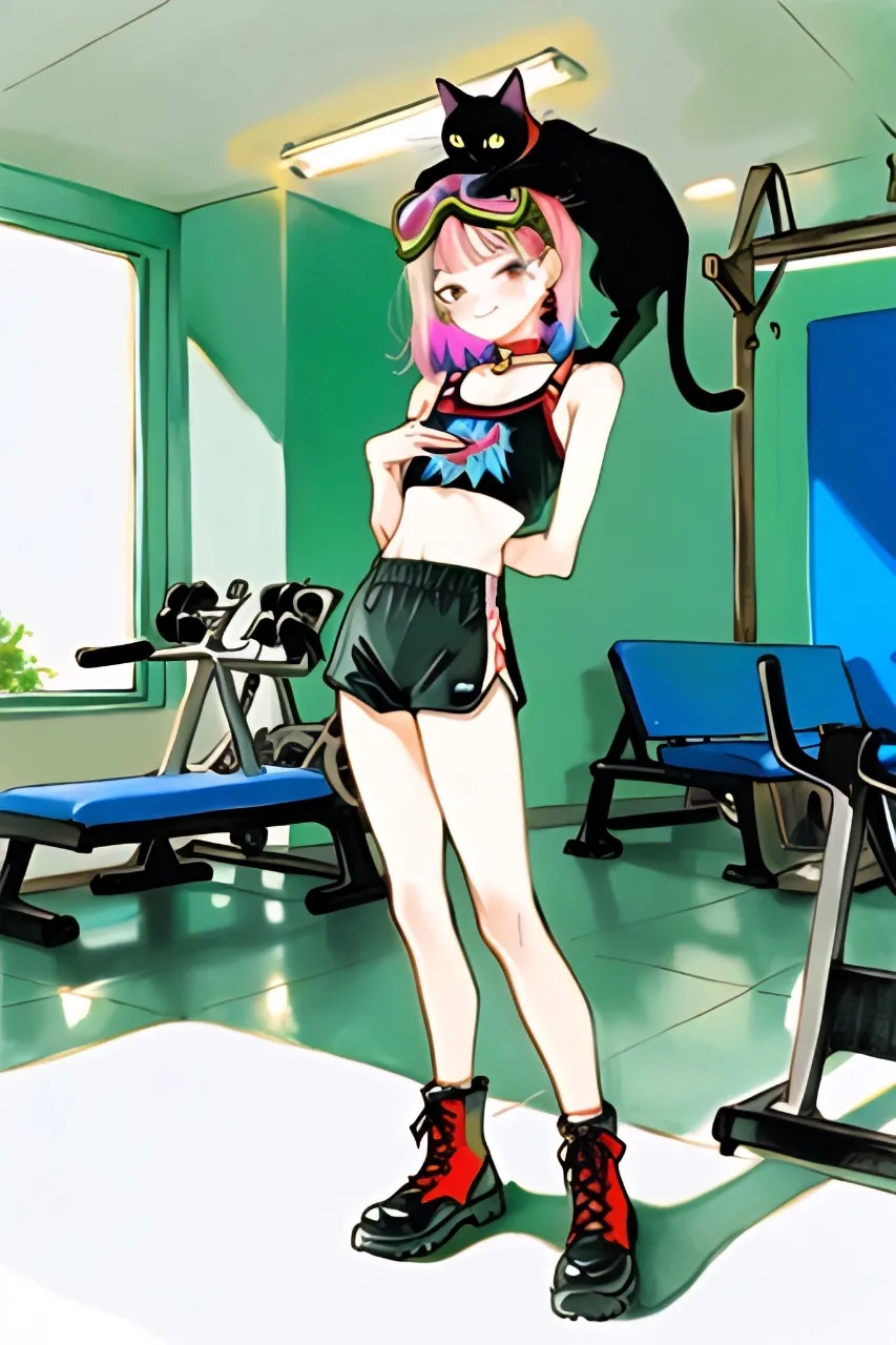 スポーツジムにやってきた…パンク娘と黒ニャンコ…桃