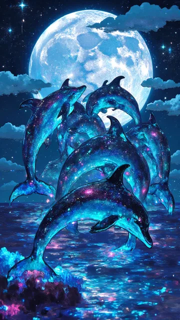満月の夜.イルカの舞い