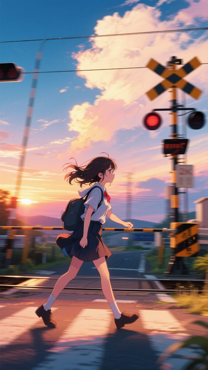 夕暮れの踏切　何かが始まる予感