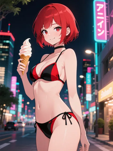 赤黒配色ビキニ水着でソフトクリームを持つ美女、しなやかな体