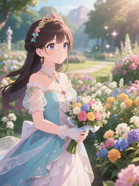 花のお姫様が花束を持ってキラキラした目で花畑を見ている