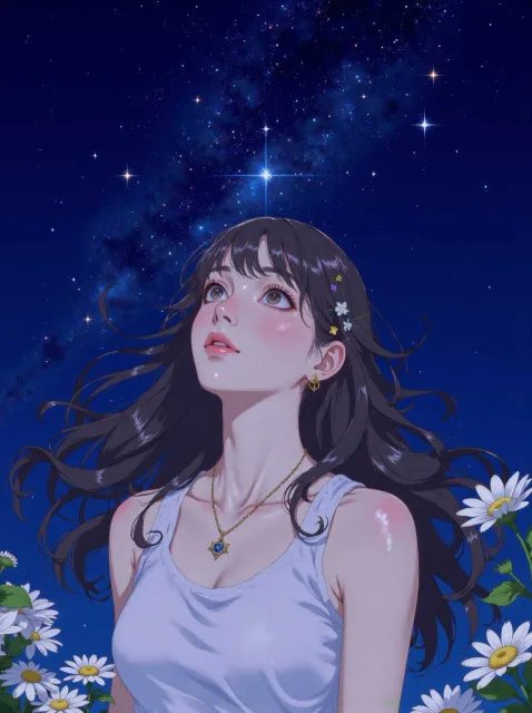 夜空の下、星を眺める美しい女性、表情は無に近い - 星空投影