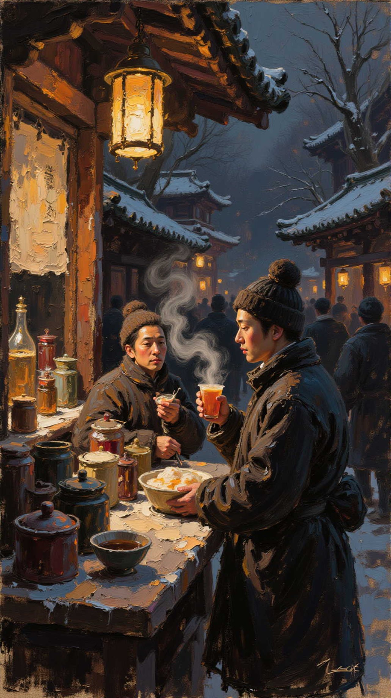 People drinking amazake at shrine stalls, steam rising, warm hands, winter night, lantern glow, candid snapshot style, ultra-detailed — レイ@お絵かきさんのAIイラスト