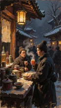 People drinking amazake at shrine stalls, steam rising, warm hands, winter night, lantern glow, candid snapshot style, ultra-detailed — レイ@お絵かきさんのAIイラスト