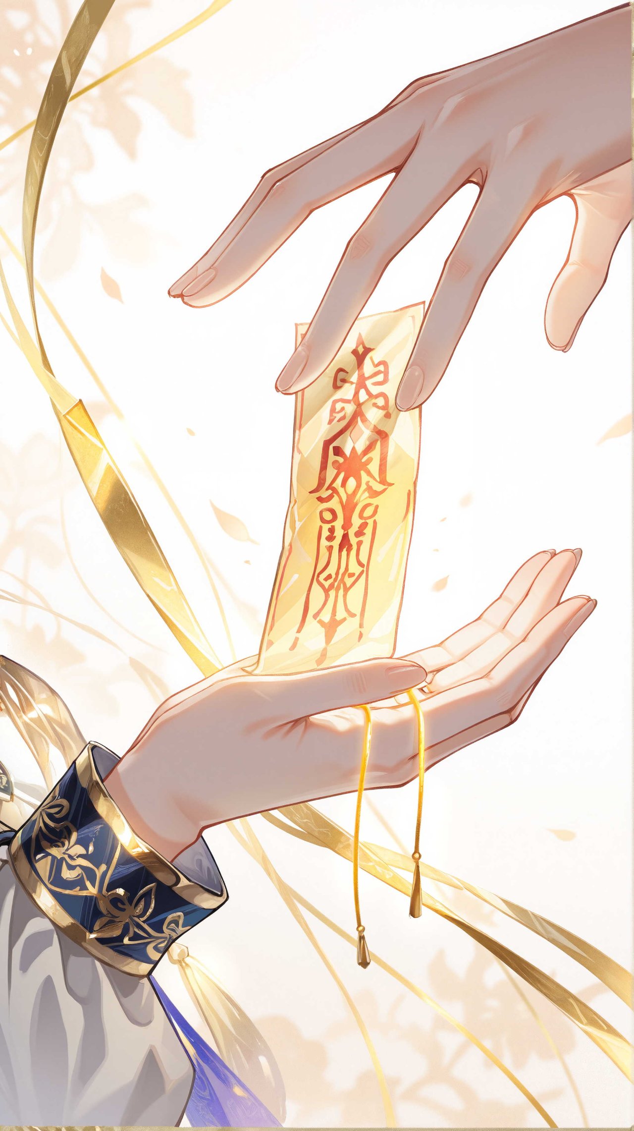 Close-up of hands choosing omamori charms, colorful charms lined up, gold thread embroidery texture, soft light, ultra-detailed — yuna97さんのAIイラスト