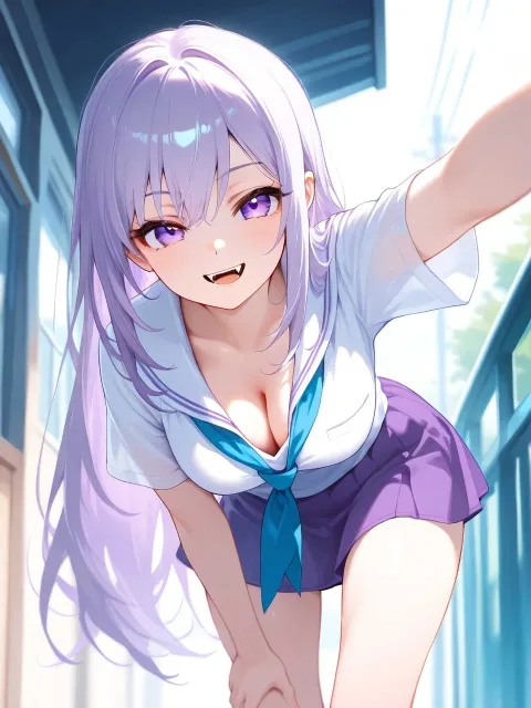 吸血鬼、薄紫セミロングの美少女、胸の谷間、ミニスカート