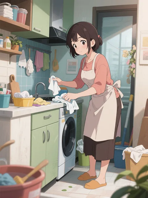 忙しく家事をこなすお母さん - 画像生成チャレンジ