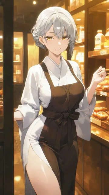 きちんとした服装、前掛け、和菓子屋の看板娘の成年女性