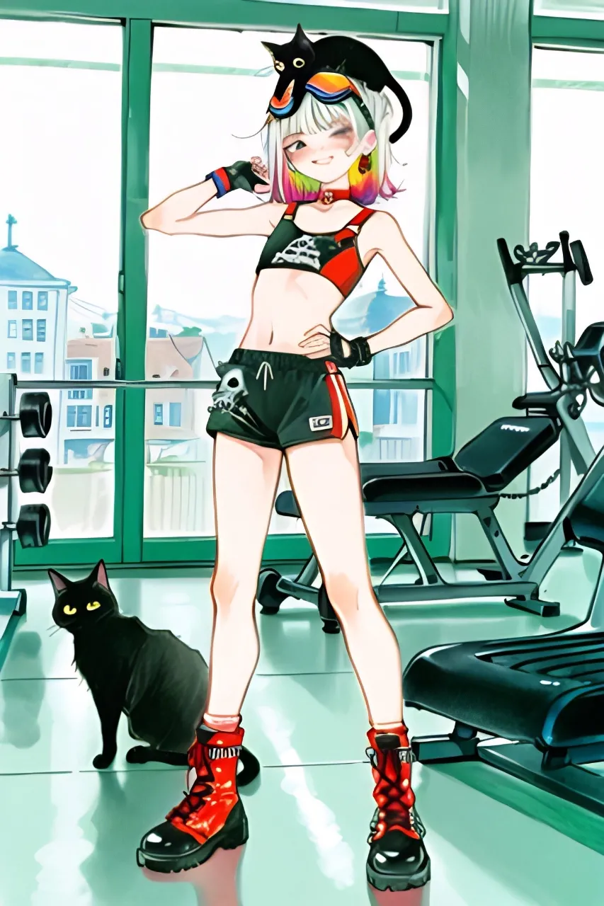 スポーツジムにやってきた…パンク娘と黒ニャンコ…白