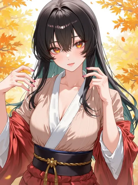 きちんと襟を合わせ帯を締めた袴姿の色っぽい成年女性、秋の庭先
