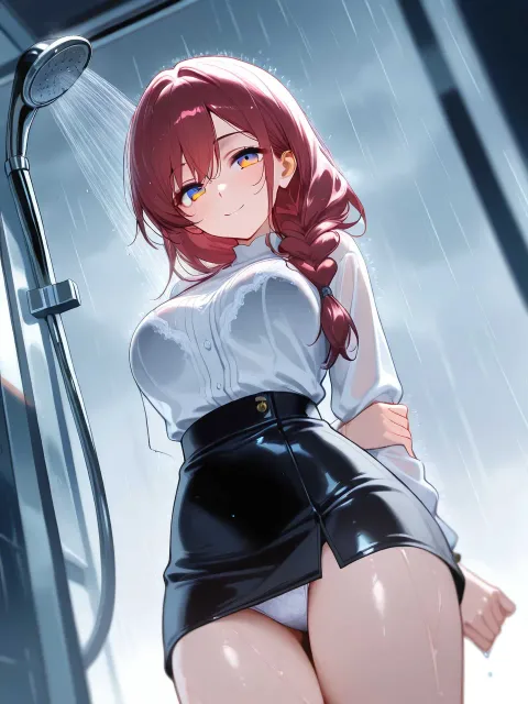 夕立あがりの成年女性、雨あがりの空に、茶髪の三つ編み - 夕立の虹