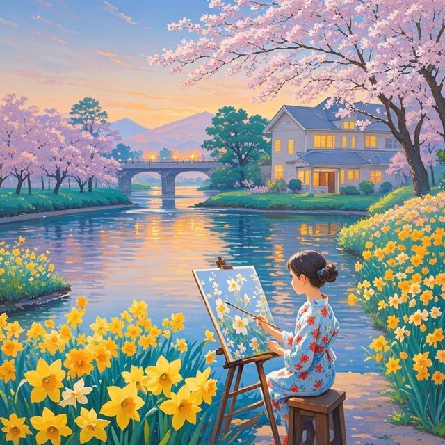 「川辺に咲く水仙と桜」