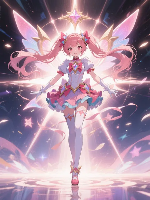 魔法少女の変身、最終形態、強い光、幻想的な雰囲気