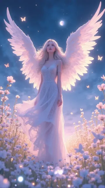 幻想的な夜の雰囲気、広大な光る白い花畑 - 天使 vs 悪魔
