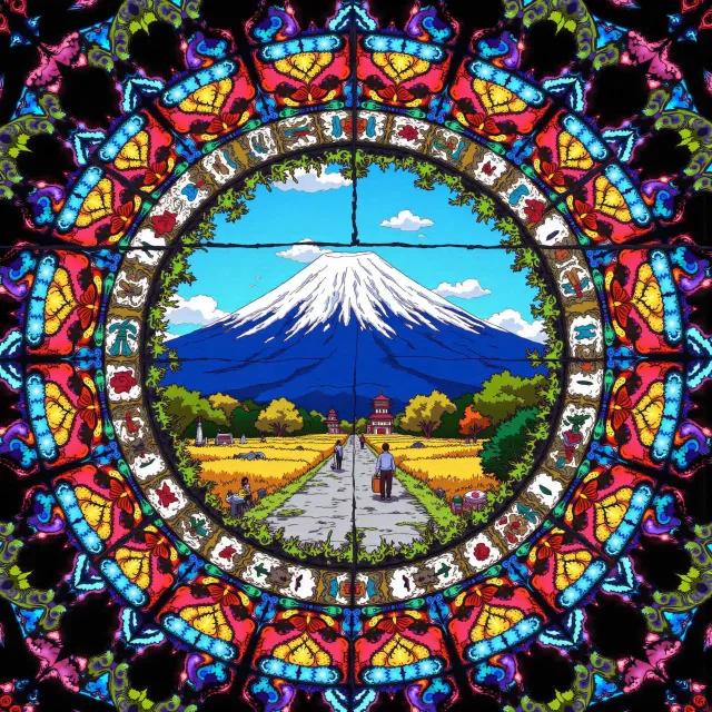 ステンドグラス、富士山
