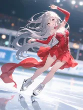 真っ赤なフィギュアスケートの衣装で