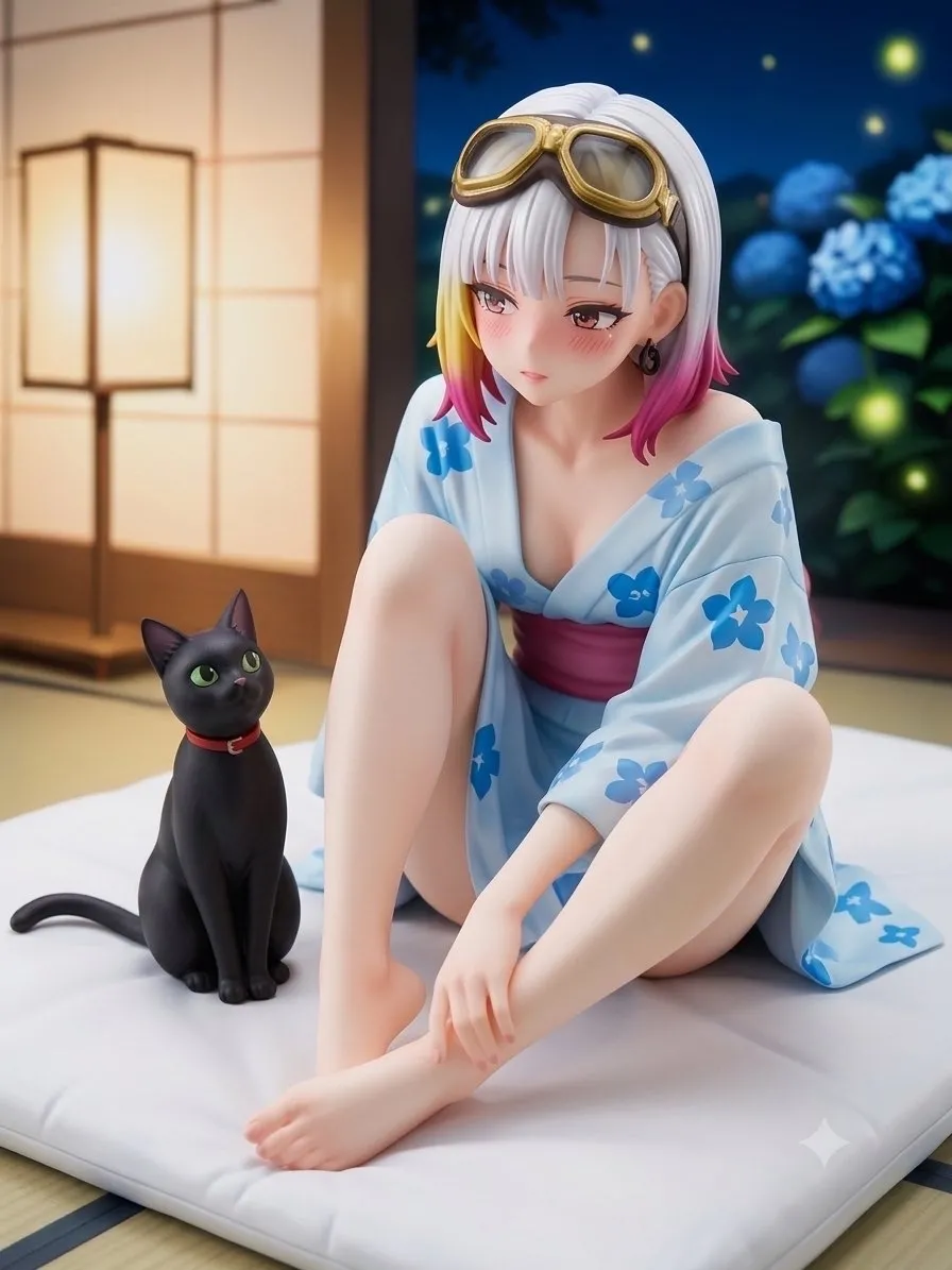 寝苦しい夜に浴衣ですわ…パンク娘と黒ニャンコ…フィギュア…白
