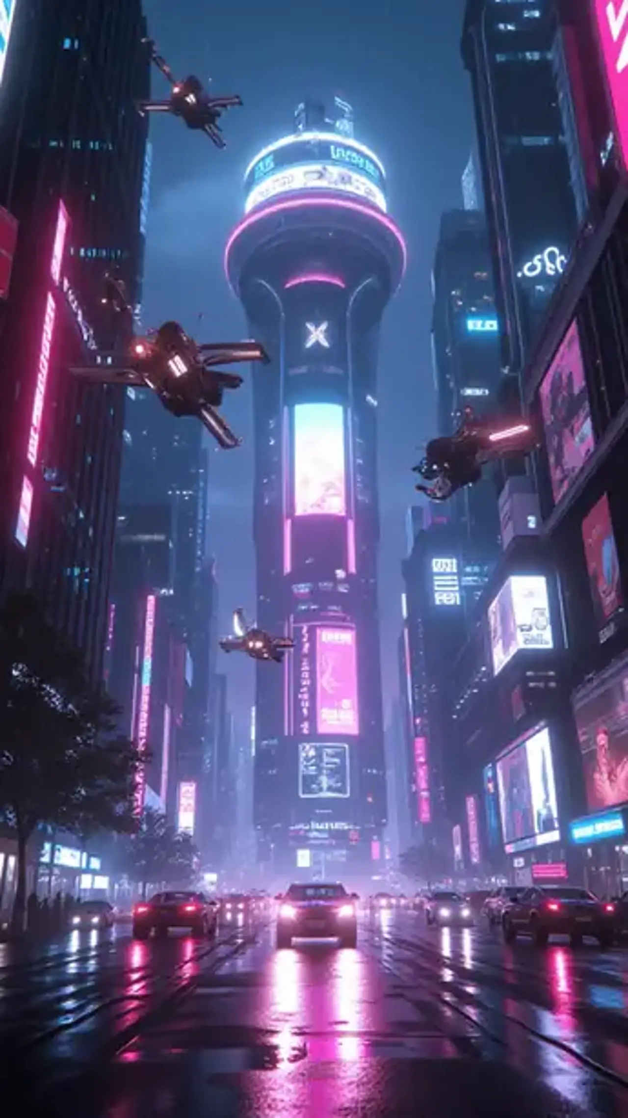 As neon rain soaks the data sky and flying cars’ light trail…