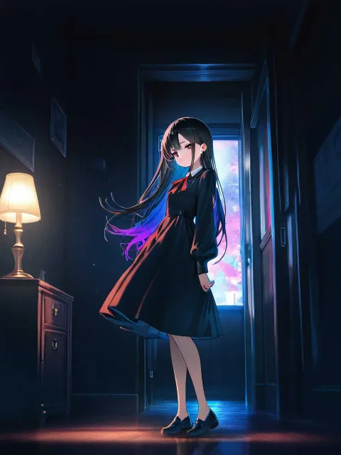 背中が大きく開いた服、暗い部屋の一灯、留め具ひとつだけの背中