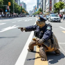 ペットのリクガメが警官として交通整理、国道１号線梅田付近、交通量や人出は少なめ、晴天