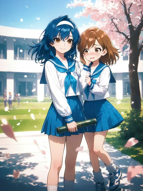 セーラー服卒業生と桜…青