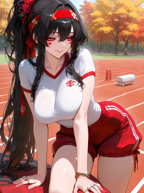 赤い鉢巻を絞めた体操着と赤い昭和ブルマ姿の女性…
