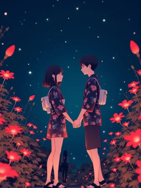 手を繋ぐ男性と女性の後ろ姿、浴衣姿、可憐な笑顔、自然な立ち姿