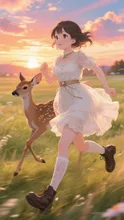 夕暮れ草原を駆ける少女とバンビ