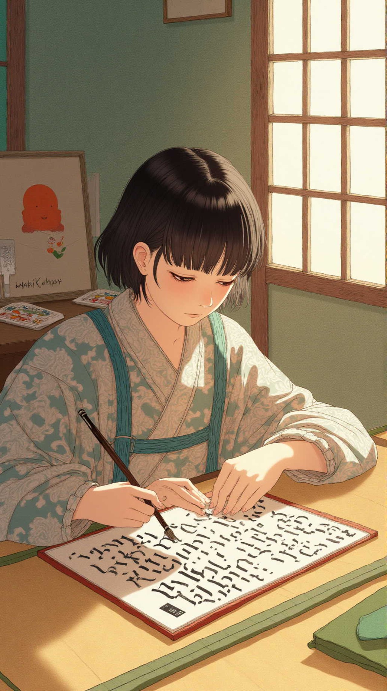 A child doing kakizome calligraphy, thick brush and ink, large characters on white paper, on tatami, soft window light, focused expression, 8K — 貸します　　djdんjd💗さんのAIイラスト