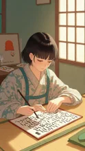 A child doing kakizome calligraphy, thick brush and ink, large characters on white paper, on tatami, soft window light, focused expression, 8K — 貸します　　djdんjd💗さんのAIイラスト