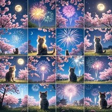 16コマの絵、子猫、花火、桜満開、満月