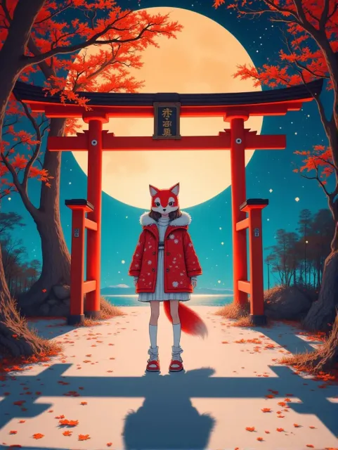 秋祭り、夜の明るい星空、鳥居の下、幼稚園に通うくらいの女の子